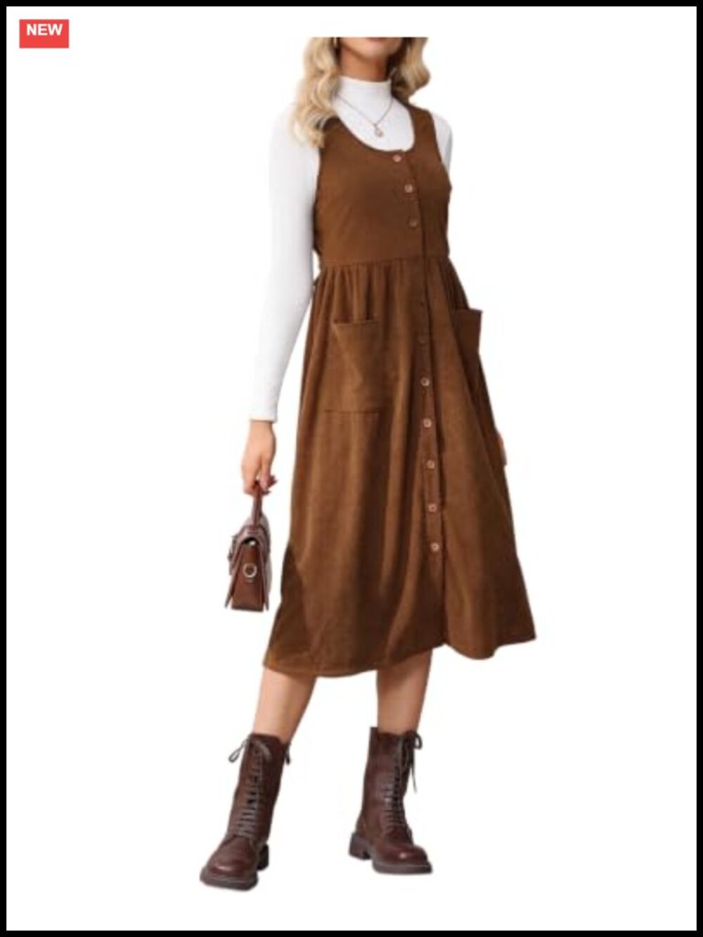 Corduroy Overall Dress Sleeveless A-Line Midi Pinafore Button Front